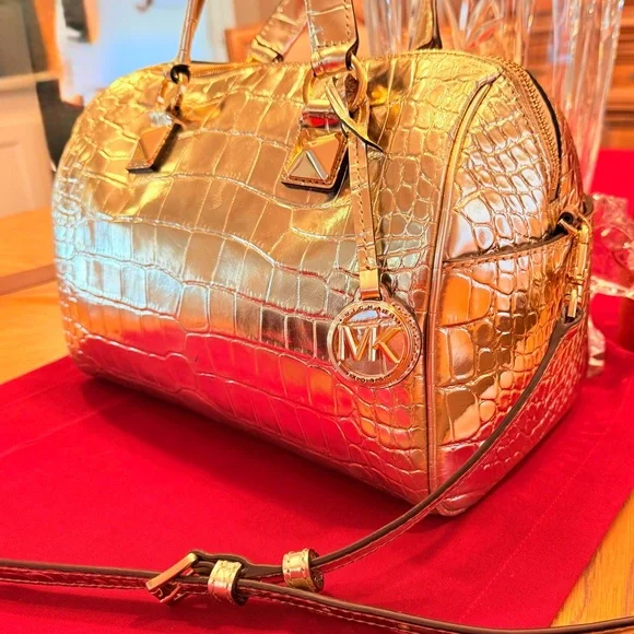 Michael Kors Grayson Metallic Gold Croc Embossed Leather Satchel, Tote EUC - Picture 12 of 13